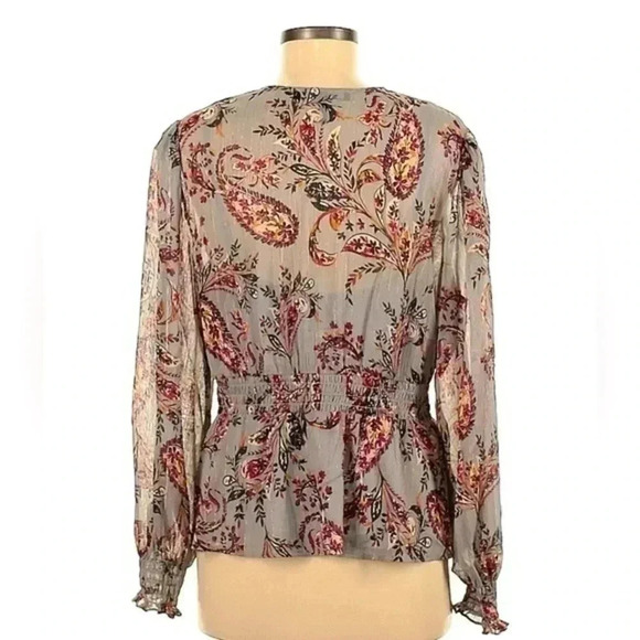 BCBGMAXAZRIA Grey DaytimePrinted Sheer Metallic Top Blouse Size L Large - Picture 5 of 8